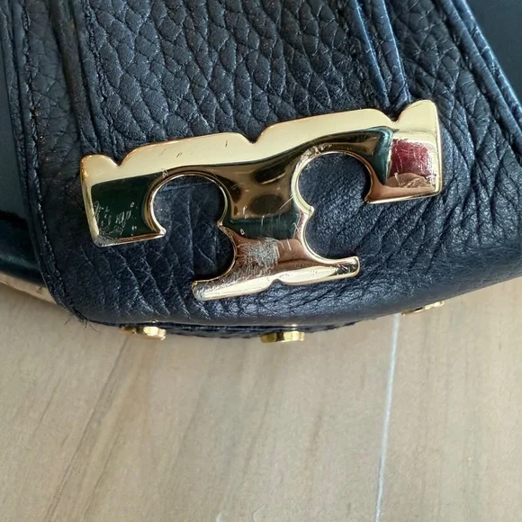 TORY BURCH Navy Leather Ines Cork Wedge Sandals - Gold Logo w/ shoe bag 9M - Picture 9 of 9